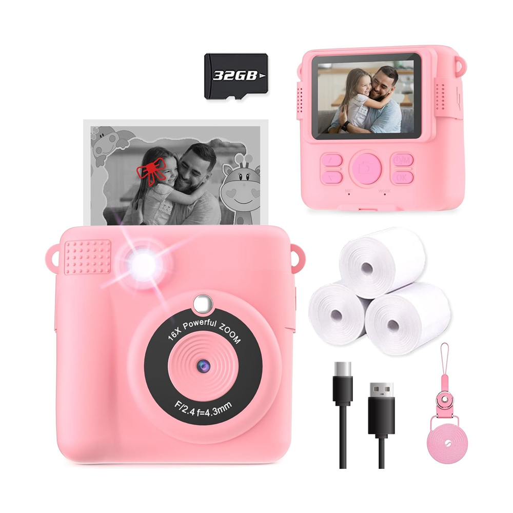 Instant Print Camera for Kids, Christmas Birthday Gifts Girls Boys Age 3-12, HD Digital Video Cameras Toddler, Portable Toy 3 4 5 6 7 8 9 10 Year Old Girl with 32GB SD Card-Pink