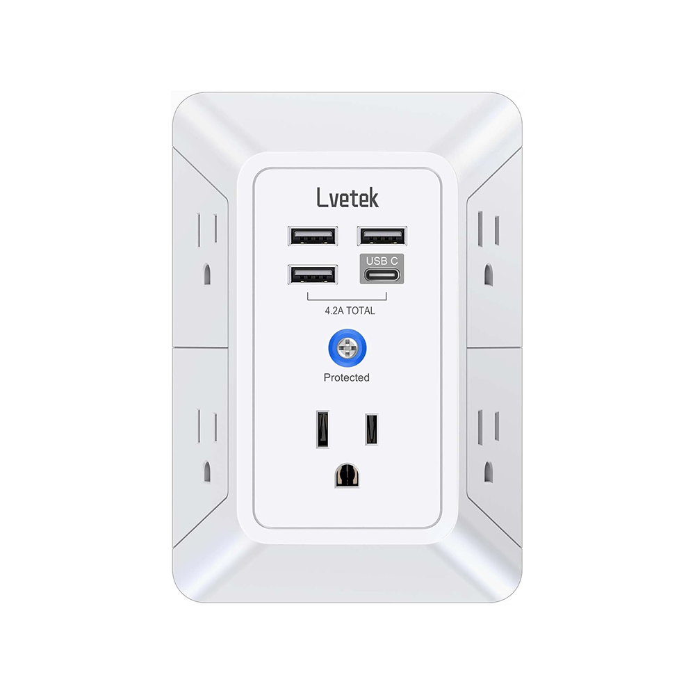 Surge Protector USB Outlet Extender - 5-Outlet Splitter Wall Charger with 4 USB Ports (1 USB C) 3 Sided 1680J Power Strip Multi Plug Outlet Wall Adapter Spaced for Home Travel Office, ETL Listed