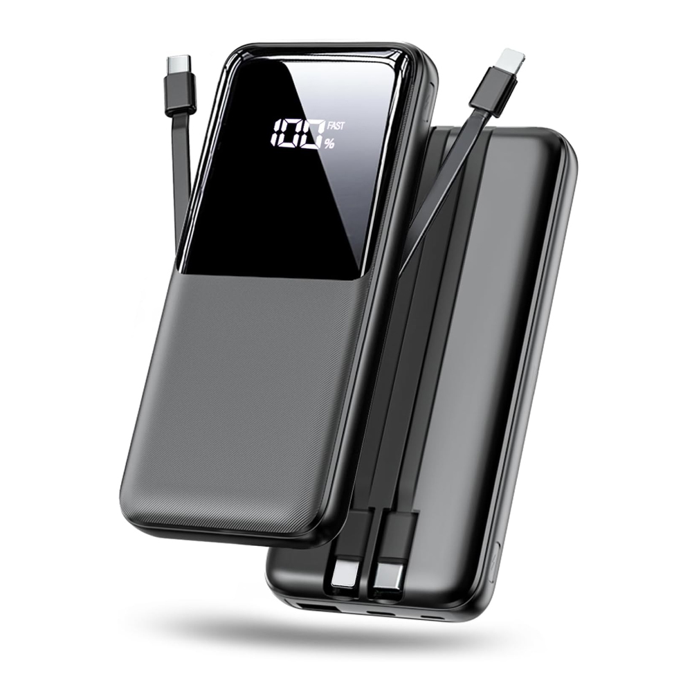 Portable Charger Power Bank - 15000mAh Fast Charging Portable Phone Charger with Built in USB-C(22.5W) and iOS(20W) Output Cable, LED Display Battery Pack for iPhone Android Samsung etc(1 Pack)