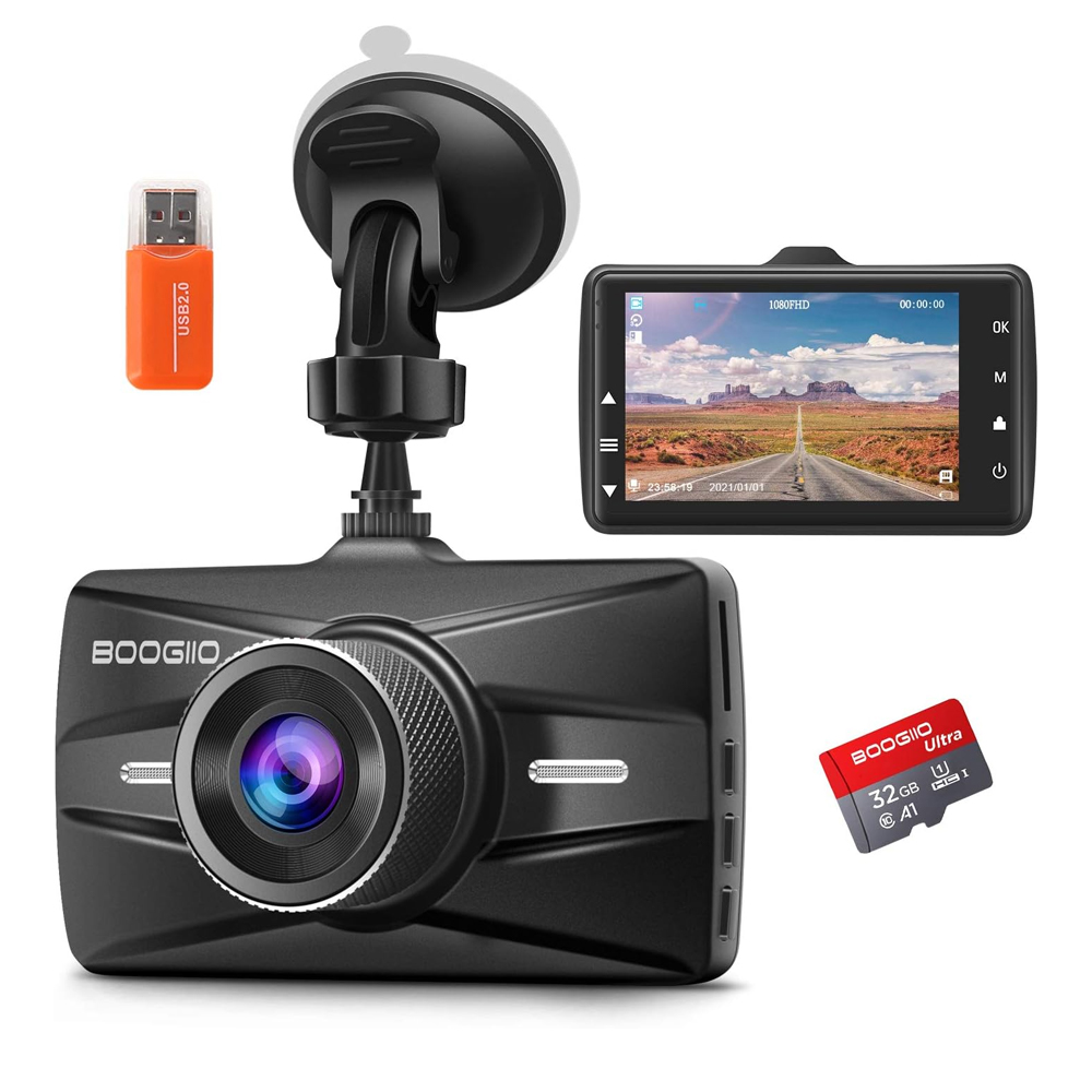 Dash Cam Front with 32G SD Card, BOOGIIO 1080P FHD Car Driving Recorder 3'' IPS Screen 170 Wide Angle Dashboard Camera Aluminum Alloy Case, WDR G-Sensor Parking Monitor Loop Recording Motion Detection